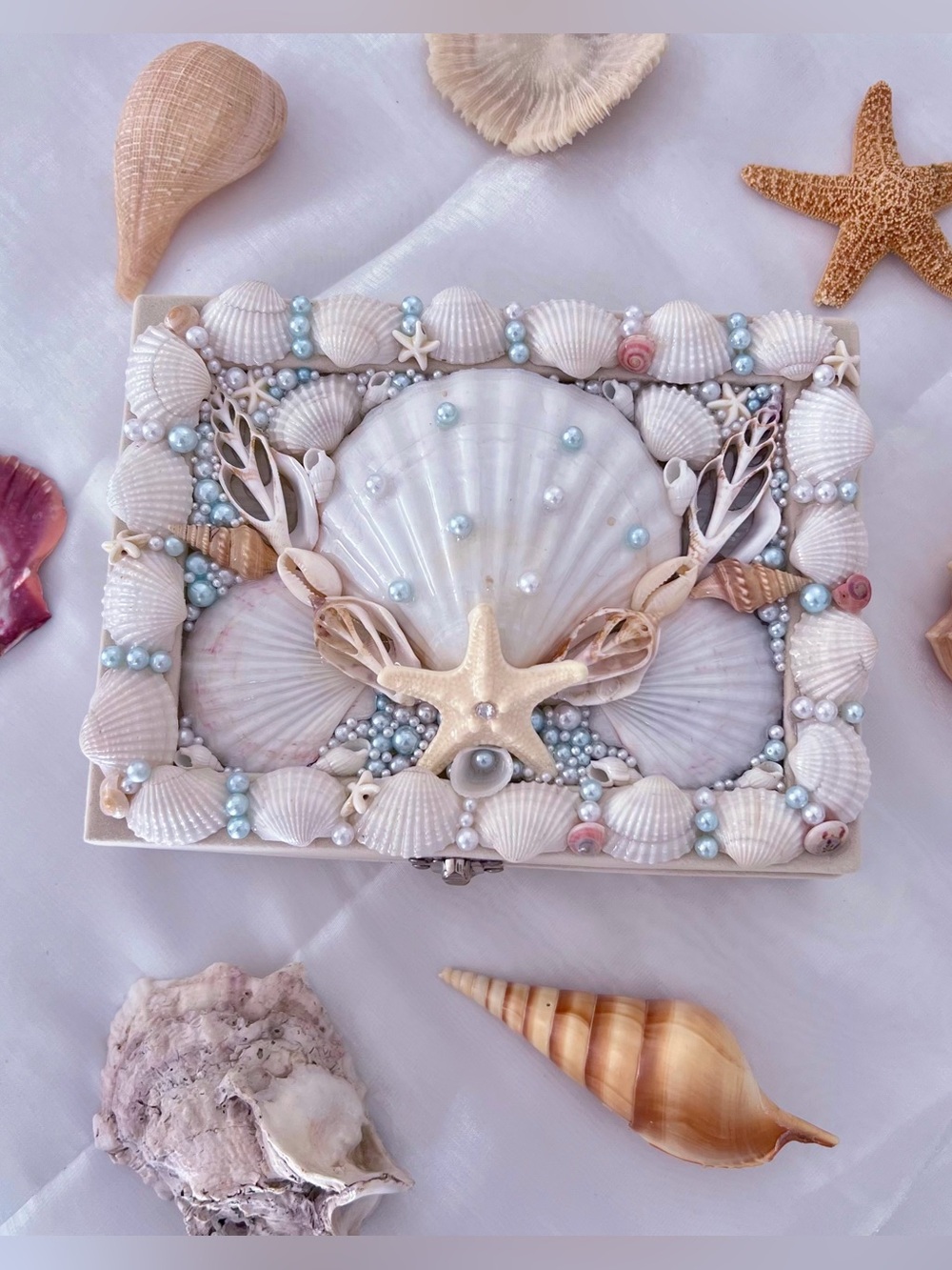 Handcrafted Seashell Jewelry Box in White and Pearl Blue
